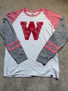 Wisconsin 47 White and Red Raglan Tee with Faded Logo